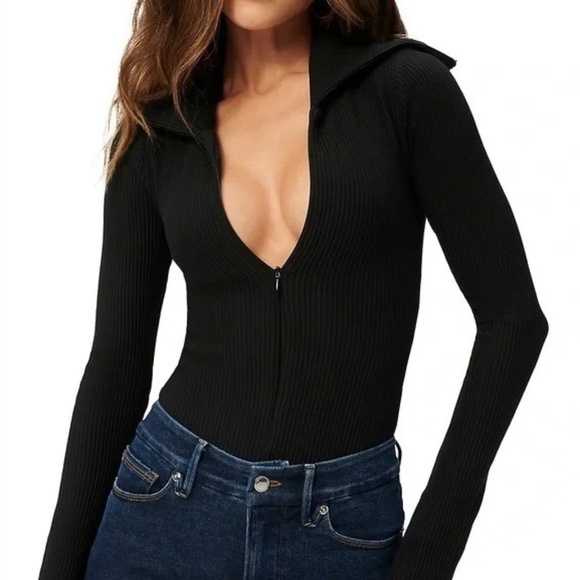 Good American Tops - GOOD AMERICAN Black Long Sleeve Ribbed Thong Bodysuit Zip Up ~ 4 Large